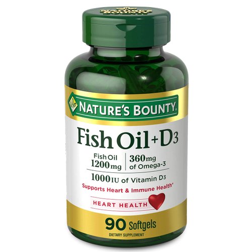 Nature's Bounty Fish Oil plus D3, Contains Omega 3, Immune Support & Supports Heart Health, 1200mg Fish Oil, 360mg Omega 3, 1000IU Vitamin D3, 90 Softgels