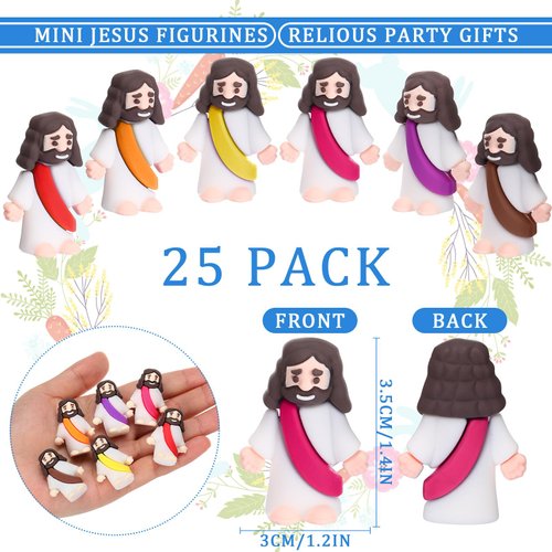Barydat 50 Pcs Religious Toys 25 Mini Jesus Figurines Colored Tiny Pocket Jesus Dolls 25 Plastic Crystal Cross Necklace for Religious Party Supplies Christian Gifts Baby Shower Favors