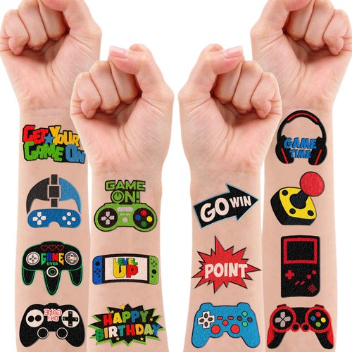 Game Stickers Temporary Tattoos Themed Birthday Party Decorations Favors Supplies Decor Cute Tattoo Sticker 8 Sheets 96 PCS Video Game Gifts for Kids Boys Girls Classroom Rewards Carnival Christmas