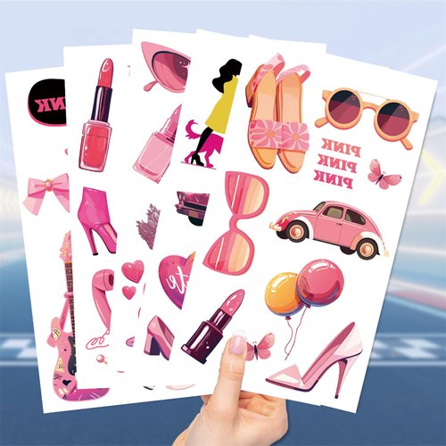10 Sheet Pink Pastel Temporary Tattoos for Girls, Birthday Party Decorations Supplies Party Favors Tattoo Sticker Style Sweet Gift for Kids Cute Prizes Themed Game Activities Reward (Pink)