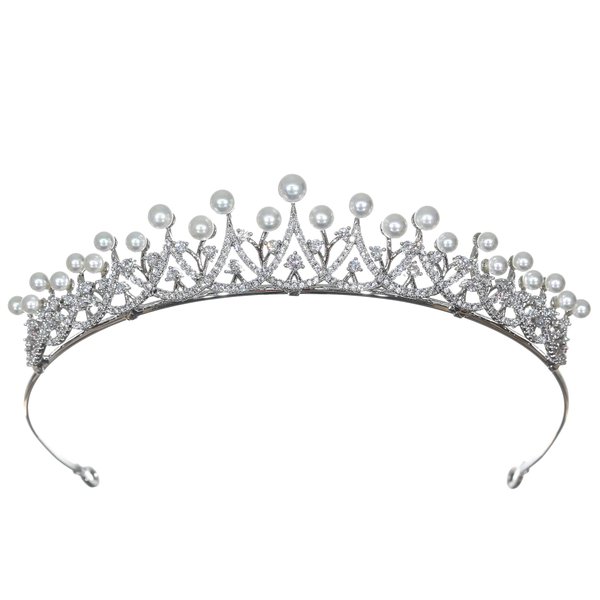 SAMKY Princess Cubic Zirconia Crystal Platinum Plated Pearl Bridal Tiara Crown T1265