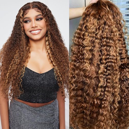 Lovigs Highlight Ombre Deep Wave Lace Front Wigs Human Hair Curly Wigs for Black Women Glueless Wigs Human Hair Pre Plucked Pre Cut with Baby Hair Natural Hairline Curly Wig 7x6 HD Lace (24 Inch)