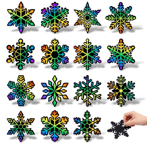 Whaline 120Pcs Christmas Snowflake Scratch Paper Art Rainbow DIY Scratch Art Set Magic Scratch Pa...