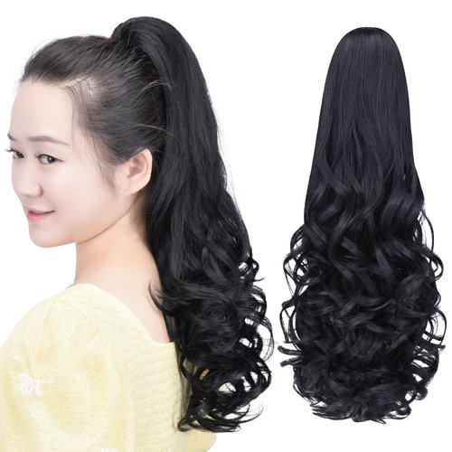 HSPCYGG Black Clip Ponytail Synthetic Fake Pony Tails 22&quot; 5.3 OZ Wavy Black Hair Extensions Hairp...