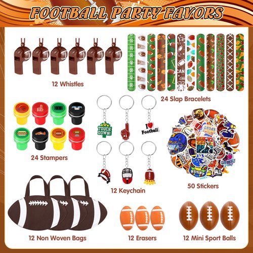 Aoriher 158 Pcs Football Party Favors Set Bulk Sport Non Woven Gift Bags Slap Bracelets Mini Bouncy Balls Toy Whistle Keychains Sticker Stampers for Sport Party Supplies(Football)