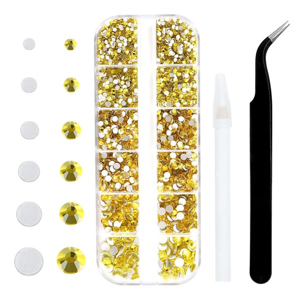 4240Pcs Flatback Yellow Rhinestones Glass Crystal Diamonds for Nail Art Crafts Tumblers Shiny Round with Tweezers and Picking Pen (SS6~SS20 Set)