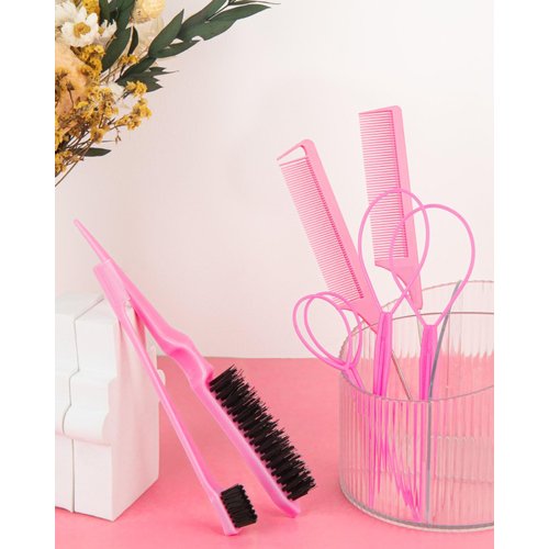Aigee 8Pcs Hair Styling Combs Set Include 4Pcs Topsy Hair Tail Tools 2 Styles of Rat Tail Comb,1Pcs Bristle Teasing And Slick Back Hair Brush,1Pcs Edge Control Brush,Eyebrow Brush for Woman Girl Pink