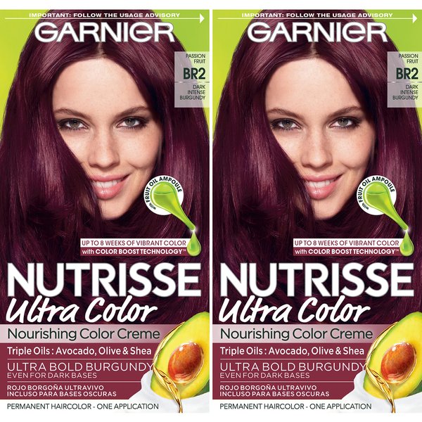 Garnier Hair Color Nutrisse Ultra Color Nourishing Creme, BR2 Dark Intense Burgundy (Passion Fruit) Red Permanent Hair Dye, 2 Count (Packaging May Vary)