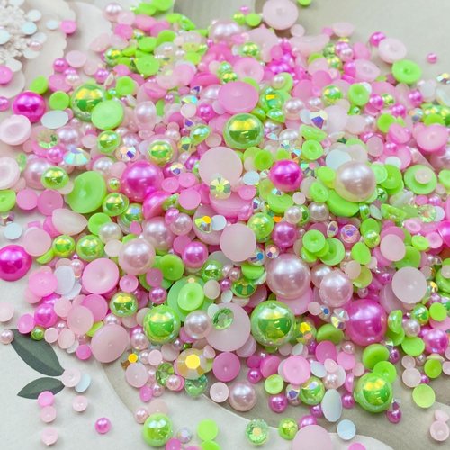 100g Mix Resin Rhinestones Flatback Half Round Pearls Mixed Size 3mm-10mm AB Color Half Pearls Resin Rhinestones for DIY Craft Nail Art Shoes Clothes Phone Case (Pink/Green Series)