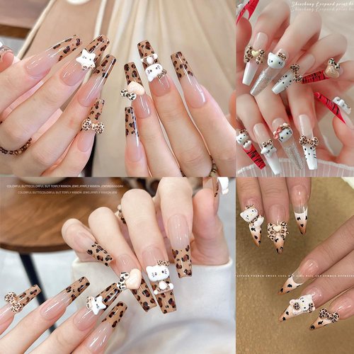 Foweso Hello Kitty Nail Charms 60Pcs Cute Hello Kitty Leopard Print Cat Nail Art Charms Jewelry Supply Hello Kitty Nail Jewelry Gems Rhinestones for Women DIY Craft Phone Case Decoration
