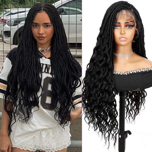 Lady Hanne Knotless Goddess Curly Wigs for Black Women Double Full Lace Dreadlock Curly Wig with Baby Hair Square Lace Synthetic Faux Locs Curly Hair Natural Black 30 Inch