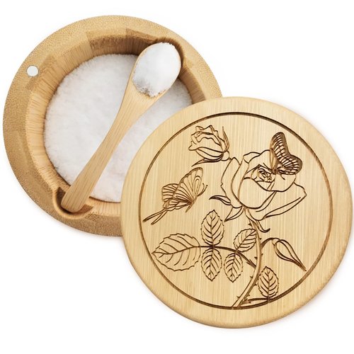 ThougrLyh Bamboo Salt Cellar Box Container Bowl with Lid and Spoon Kitchen Spice Cellars Salt Holder Saver Jar with Swivel Magnetic Lid to Storage Sea Salt Pepper Seasoning (Rose Butterfly)
