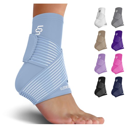 Sleeve Stars Ankle Brace for Sprained Ankle, Plantar Fasciitis Relief Ankle Support for Women, Ankle Compression Sleeve w/ Strap (Single/Light Blue)
