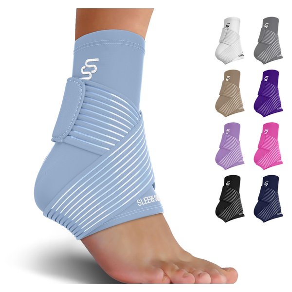 Sleeve Stars Ankle Brace for Sprained Ankle, Plantar Fasciitis Relief Ankle Support for Women, Ankle Compression Sleeve w/ Strap (Single/Light Blue)