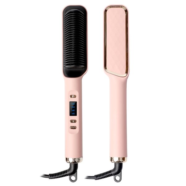 B.ZSSY Ion Hair Straightener Brush - Hair Straightener Comb with 5 Temps LCD Display,30s Fast Heat Anti-Scald - Ceramic Flat Iron Brush for Smooth Frizz-Free Hair-Pink