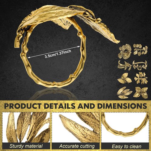 8 Pieces Herb Napkin Rings Set Vintage Leaf Napkin Holders Glossy Napkin Holder Adornment Metal Table Napkin Rings for Graduation Holidays Wedding Graduation Party Decor Everyday Use (Gold)