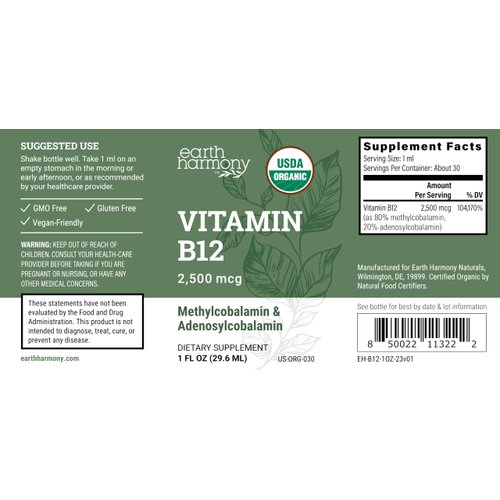 Earth Harmony Naturals Organic Vegan Vitamin B12 Sublingual Liquid Supplement - 2000mcg Methylcobalamin Drops for Natural Energy, Metabolism Health and Immune System Support - 1 Fl Oz