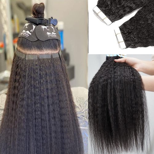 Tape in Extensions for Black WomenKinky Straight Tape in Hair Extensions Real Human Hair #1B Natural Black Color Double Weft Tape ins 22 Inch 20pcs 50g