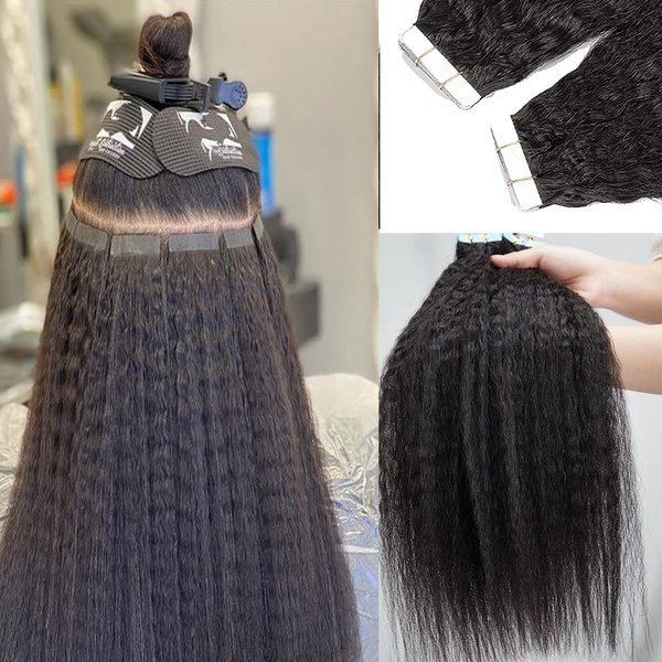 Tape in Extensions for Black WomenKinky Straight Tape in Hair Extensions Real Human Hair #1B Natural Black Color Double Weft Tape ins 22 Inch 20pcs 50g