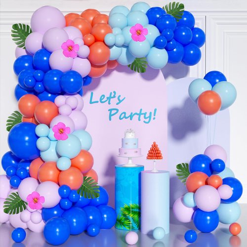 136pcs Purple and Blue Balloon Arch Garland kit, Blue and Light Purple Balloons with Palm Leaves Flowers for Theme Birthday Decorations Baby Shower Hawaii Tropical Party Decorations