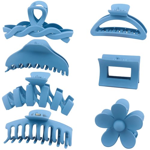 7PCS Blue Hair Claw Clips Set - Lightweight Big Strong Hold Nonslip Matte Clips for Thick, Thin & Curly Hair, 90's Vintage Jaw Clips for Women & Girls, With Organza Storage Bag