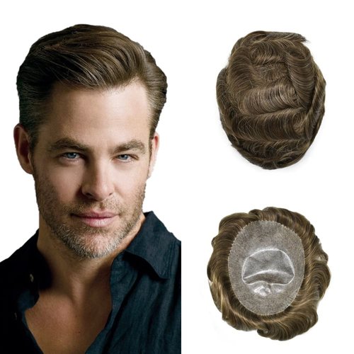 Toupee For Men Human Hair Pieces Men Hair Replacement Systems 0.1mm Injected PU Skin Mens Toupee Gray Hair Units Scallop Front Real Human Hair Wigs For Men Invisible Hairline US Stock. (8''x10''-120% Medium Light to Medium Density, #410 4# MEDIUM BROWN+10