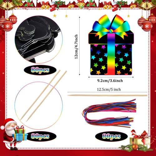 Motipuns 80 Pcs Christmas Scratch Cards for Boys Girls Rainbow Christmas Scratch Paper Christmas Tree Ornament Crafts Christmas Party Supplies for Winter Xmas Home Classroom DIY Activities