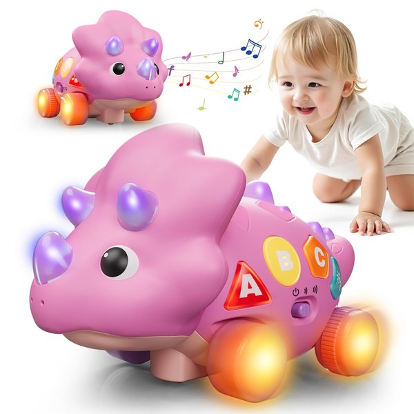 ORANGE OCEAN Baby Musical Crawling Toys for 1 Year Old Girl Boy, Dinosaur Bilingual Learning Toys 6-12 Months, Light Up Music Developmental Toys, Tummy Time Toys 6 9 12 Months, Baby Toys Birthday Gift