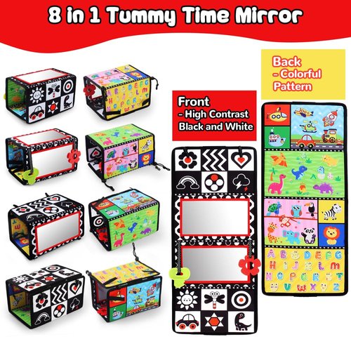 Tummy Time Floor Mirror with Teethers, Double-Sided Baby Mirror Black and White High Contrast Baby Toys for Babies, Baby Montessori Toys Crawling Developmental Newborn Infant Sensory Toys (A-Mirror)