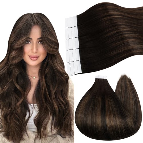 Ugeat 24inch Tape in Hair Extensions Human Hair Double Sided Real Hair Human Hair Extensions Darkest Brown Mix Medium Brown Balayage Extensions for Fashion Women Tape in 50G 20Pcs