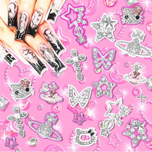 48PCS Y2K Nail Charms and Gems 3D Silver Star Butterfly Planet Cross Nail Charms for Acrylic Nails Design Kawaii Nail Jewels for Nail Art…