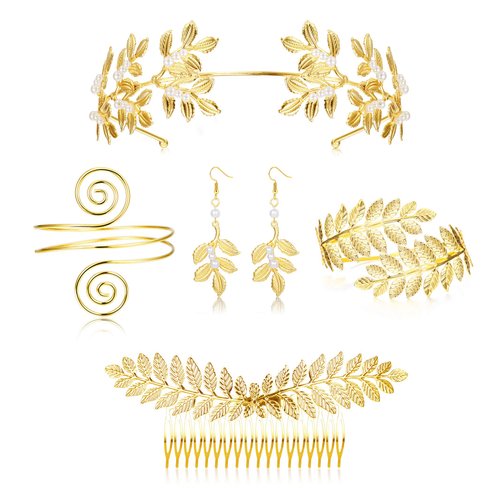 LOYALLOOK 5Sets Grecian Goddess Costume Accessories Set Greek Leaf Headband Coil Bracelet Artificial Pearl Earrings Golden Leaves Bridal Hair Comb for Women Wedding Party