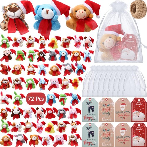 Leyndo 217 Pcs Christmas Mini Stuffed Animals 4.72 Inch with Xmas Gift Tags and Organza Bags Tiny Christmas Keychain Plush Animal Toys Set Bulk for Christmas Party Favors Gift Stocking Tree Decoration