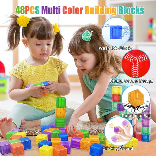 48PCS Magnetic Blocks - 1.38 inch Building Blocks for Toddlers, STEM Building Toys for Kids, Montessori Toys for 2 3 4 5 6+ Year Old, Magnet Sensory Travel Toys Christmas Birthday Gifts for Boys Girls