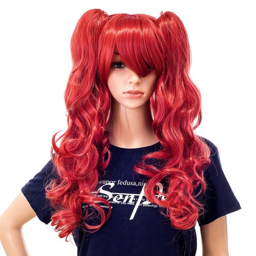 SWACC Long Curly Double Claw Clip on Ponytail Wig Synthetic Pastel Colorful Cosplay Daily Party Wig for Women with Wig Cap (Red)