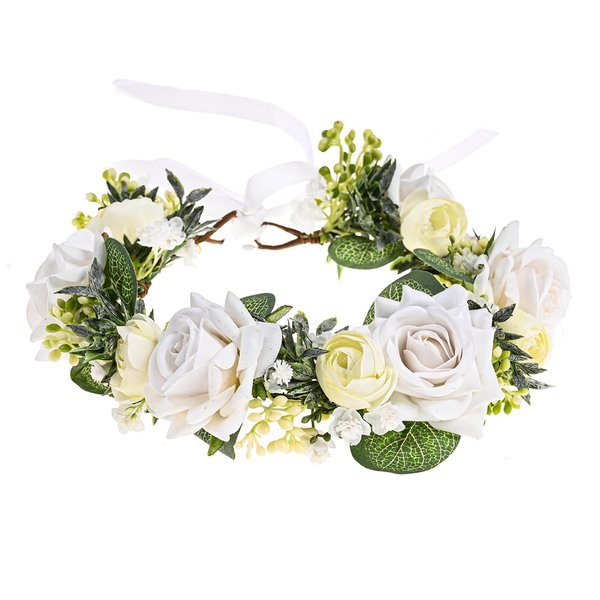 DDazzling Sunflower Flower Crown Eucalyptus Halo Women Girls Headpiece Photo Prop (White Rose Flower and Green Leaf)