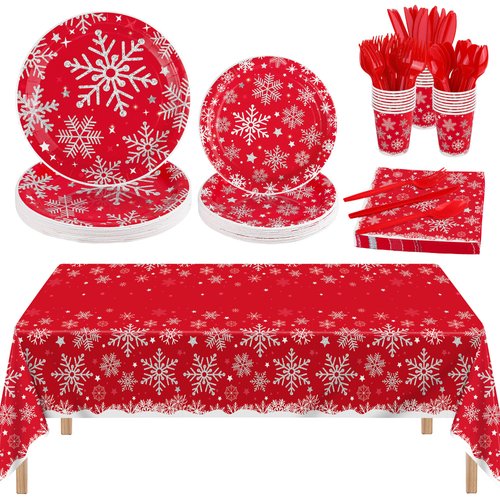 durony 169 Pieces Christmas Snowflake Tableware Set Winter Frozen Birthday Party Supplies Disposable Red Snowflake Paper Plates Cups Napkins Spoons Forks Knives Plastic Tablecloth, Serves 24 Guests