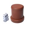 RERIVER PU Leather Dice Cup Set with Lid Dark Brown Felt Lining Quiet Shaker Cup Includes 6 Dot Dice for Liars Dice Farkle Yahtzee Board Games, 1 Pack
