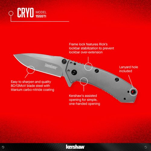 Kershaw Cryo Knife, 2.75" Stainless Steel Drop Point Blade, Assisted Opening Everyday Carry Pocket Knife
