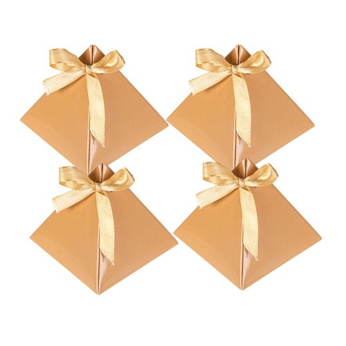 Restaurantware Pastry Tek 3 x 3 x3 Inch Pyramid Favor Boxes 100 Pyramid Triangle Gift Boxes - Satin Ribbon Disposable Brown Paper Triangle Candy Boxes For Weddings Or Parties