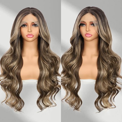 BABEHERS Brown mix Blonde Lace Front Wig for Women 13x4 Body Wave Synthetic Wigs Highlight Pre-plucked Long Wavy Wig 150% Density Heat Resistant Hair Replacement Wigs 26 Inch