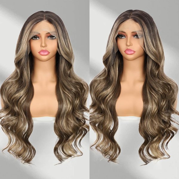 BABEHERS Brown mix Blonde Lace Front Wig for Women 13x4 Body Wave Synthetic Wigs Highlight Pre-plucked Long Wavy Wig 150% Density Heat Resistant Hair Replacement Wigs 26 Inch