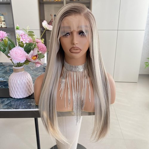Carkira Ash Blonde Wigs with Brown Highlight Ombre Dark Root 13x6 Lace Front Wig Long Silk Straight Pre Plucked Synthetic Fiber Piano Color 24Inch for Women Girls