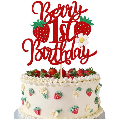 1 PCS Berry 1st Birthday Cake Topper with Flower Glitter Sweet Fruit Theme First Birthday Strawberry One Cake Pick for Strawberry Theme Baby Shower Kids 1st Birthday Party Cake Decorations Supplies