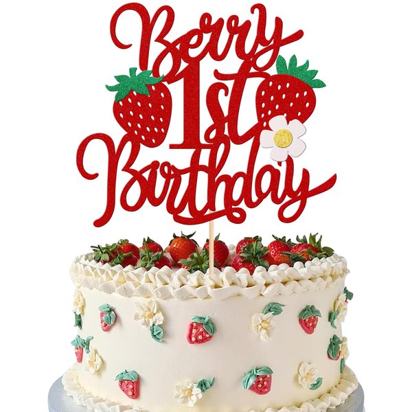 1 PCS Berry 1st Birthday Cake Topper with Flower Glitter Sweet Fruit Theme First Birthday Strawberry One Cake Pick for Strawberry Theme Baby Shower Kids 1st Birthday Party Cake Decorations Supplies