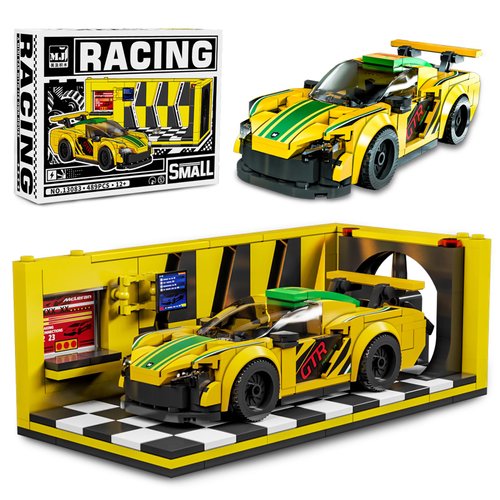 HAPGFS GTR Cars Building Set 489PCS，Yellow Speed Racing Champions Car, Mini Race Car Building Kit with Display Repair Room Creative Gifts for Adult and Boys 12+ Car Lovers