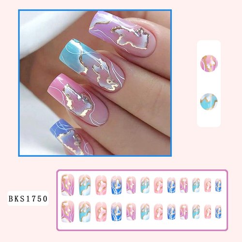 Colorful Press on Nails Square Medium Length 24Pcs Full Cover Reusable Glossy Fake Nails with Gold Foil and White Gradient Designs Artificial Acrylic Fake Nails Glue on Nails for Women Stick on Nails