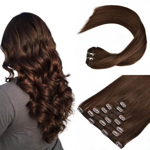 Clip in Hair Extensions Human Hair Jet Black Remy Hair Extensions Clips Silky Straight Real Hair Extensions For Women 7pcs 16clips 120g (20 Inch, 2 Dark Brown)