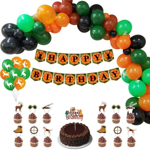 Hunting Party Decorations Set Hunting Party Supplies with Hunting Birthday Banner,Colorful Gone Hunting Theme Balloons Garland,Deer Hunting Cake Topper for Camo Camping Hunter Themed Birthday Party