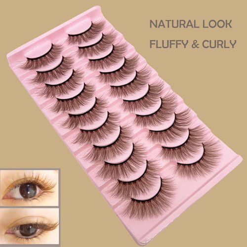Brown Lashes Fluffy False Eyelashes LIght Brown Lash MUQIU37 Cat Eye Faux 3D Mink Lashes Wispy Long Fake Eyelashes Volume Cross Strips Eyelash Extension 10 Pairs (MQ606)